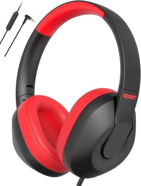 igooot Kids' Wired Headphones, Black & Red