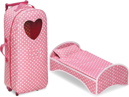 3-in-1 Doll Trolley Travel Carrier with Rocking Bed/Bedding, Pink Polka Dot