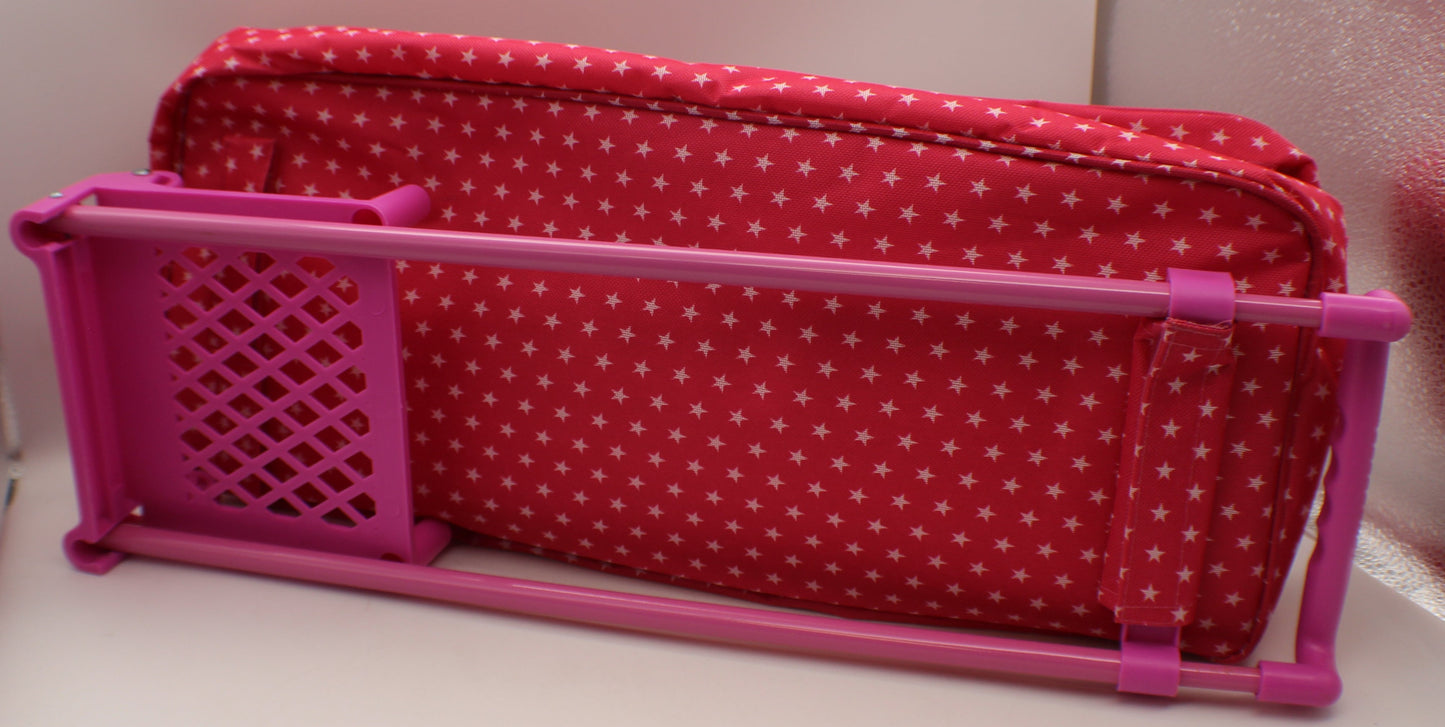 3-in-1 Doll Trolley Travel Carrier with Rocking Bed/Bedding, Pink Polka Dot